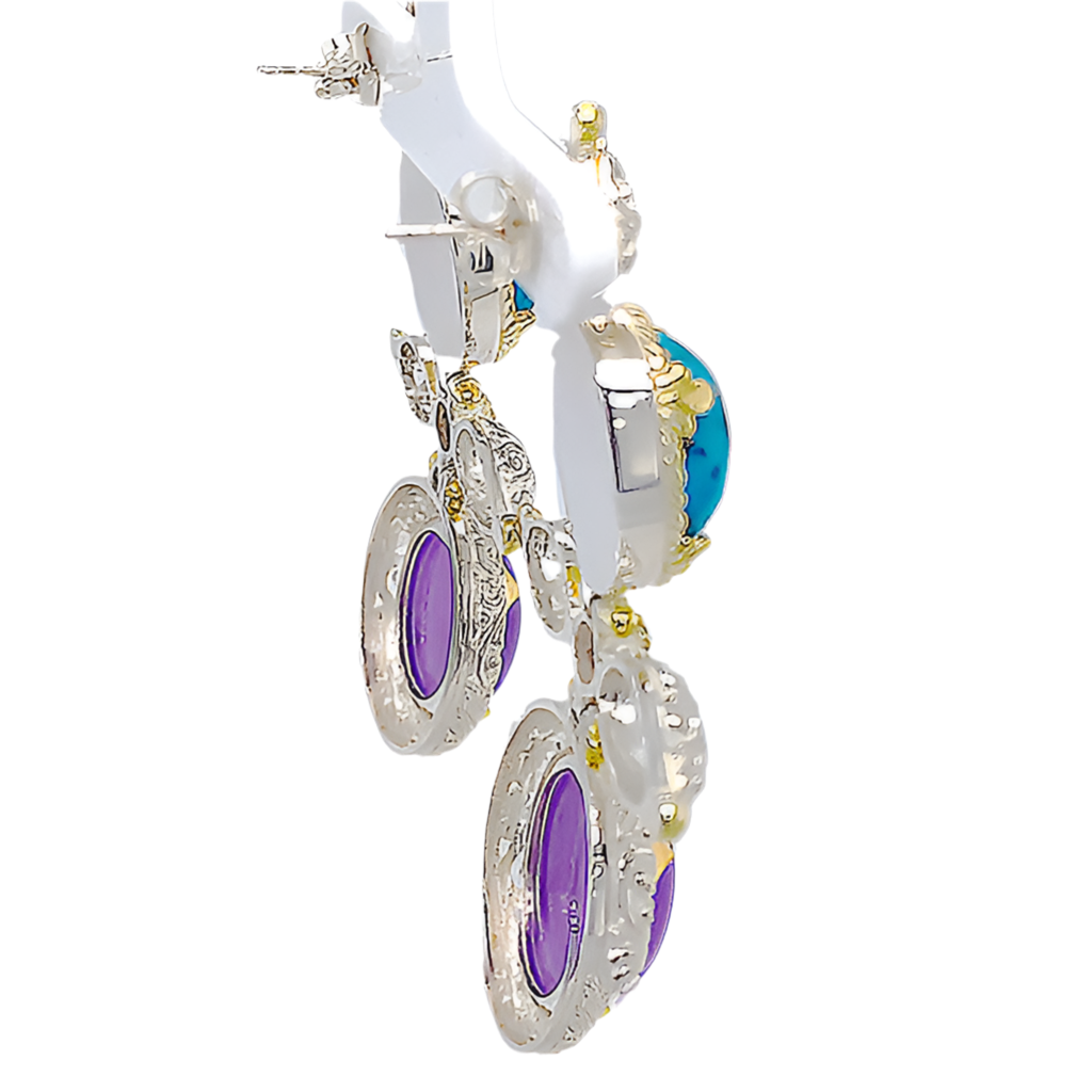 SRD106 Persian Turquoise & Lavender Agate & Garnet Silver Earrings