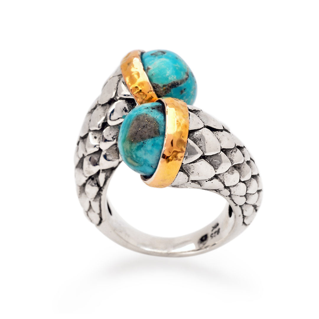 STG051-1-Tq -Silver gold turquoise double twist ring