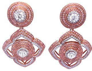 18kt rose gold earrings with pink and white diamonds. Call for price. SOLD