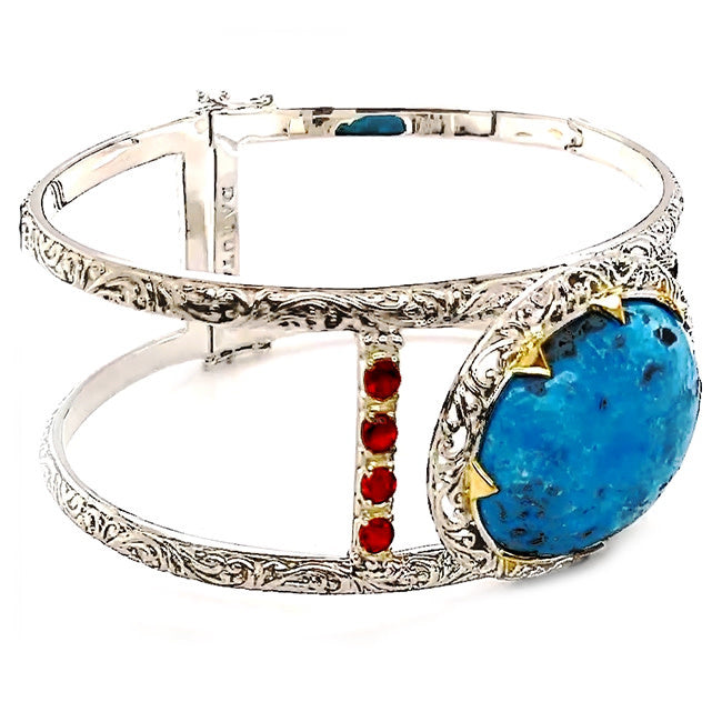 SBD 108 - Silver and Persian Turquoise & Garnet Bangle Bracelet