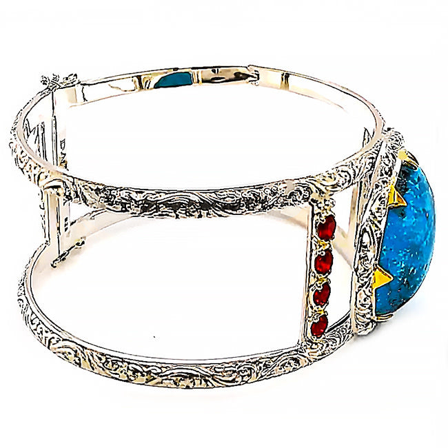 SBD 108 - Silver and Persian Turquoise & Garnet Bangle Bracelet