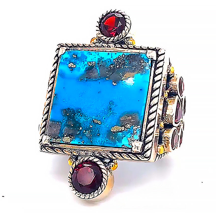 SRD-103 Large Silver ring with rare Persian Turquoise & Garnets size 7
