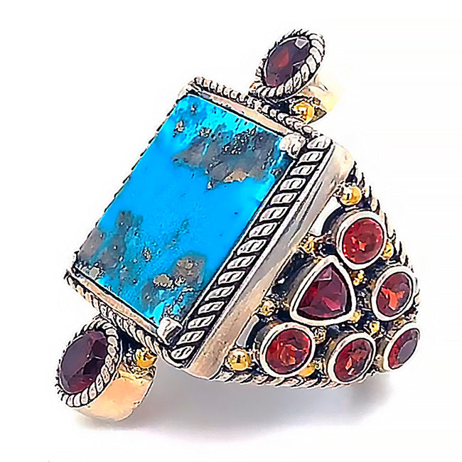 SRD-103 Large Silver ring with rare Persian Turquoise & Garnets size 7