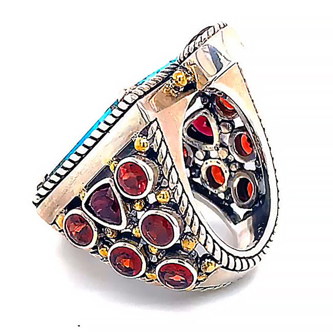 SRD-103 Large Silver ring with rare Persian Turquoise & Garnets size 7