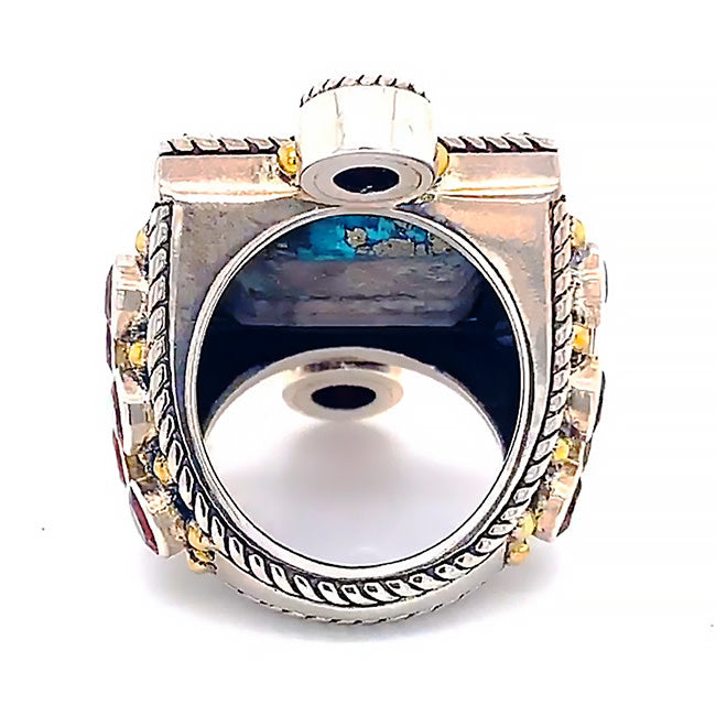 SRD-103 Large Silver ring with rare Persian Turquoise & Garnets size 7