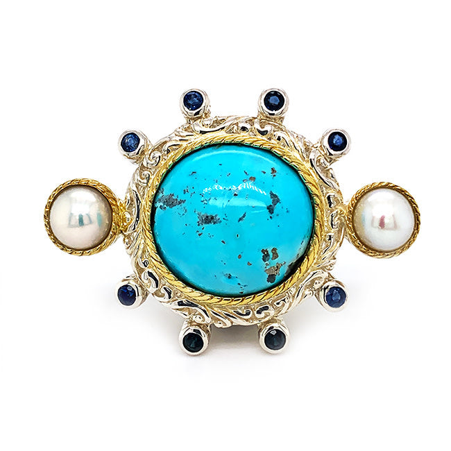 SRD 104 Rare Silver & 18 kt Gold Ring With Large Persian Turquoise & Pearls & Sapphires
