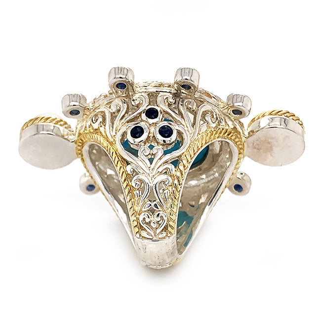 SRD 104 Rare Silver & 18 kt Gold Ring With Large Persian Turquoise & Pearls & Sapphires