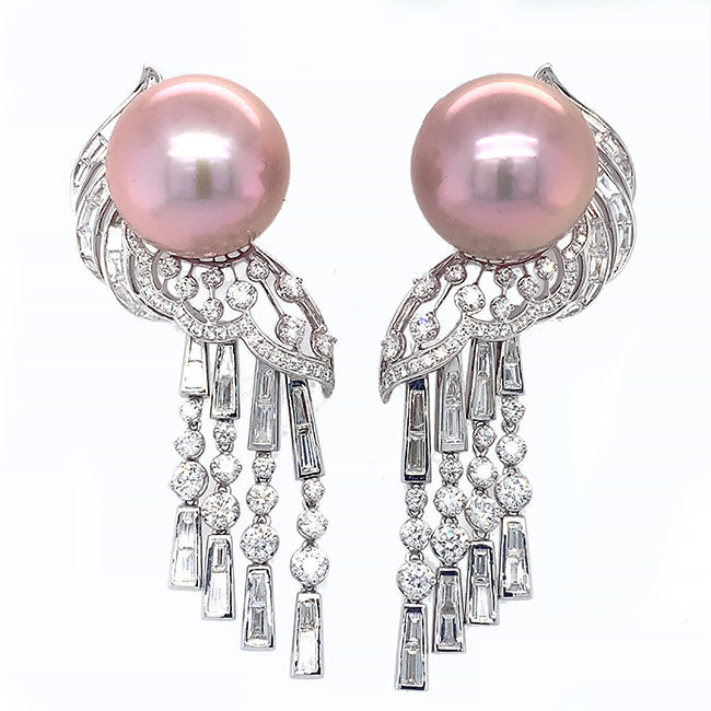 18 kt white gold hanging earrings with Lavender South Seas Pearls & Diamonds. Call for price.