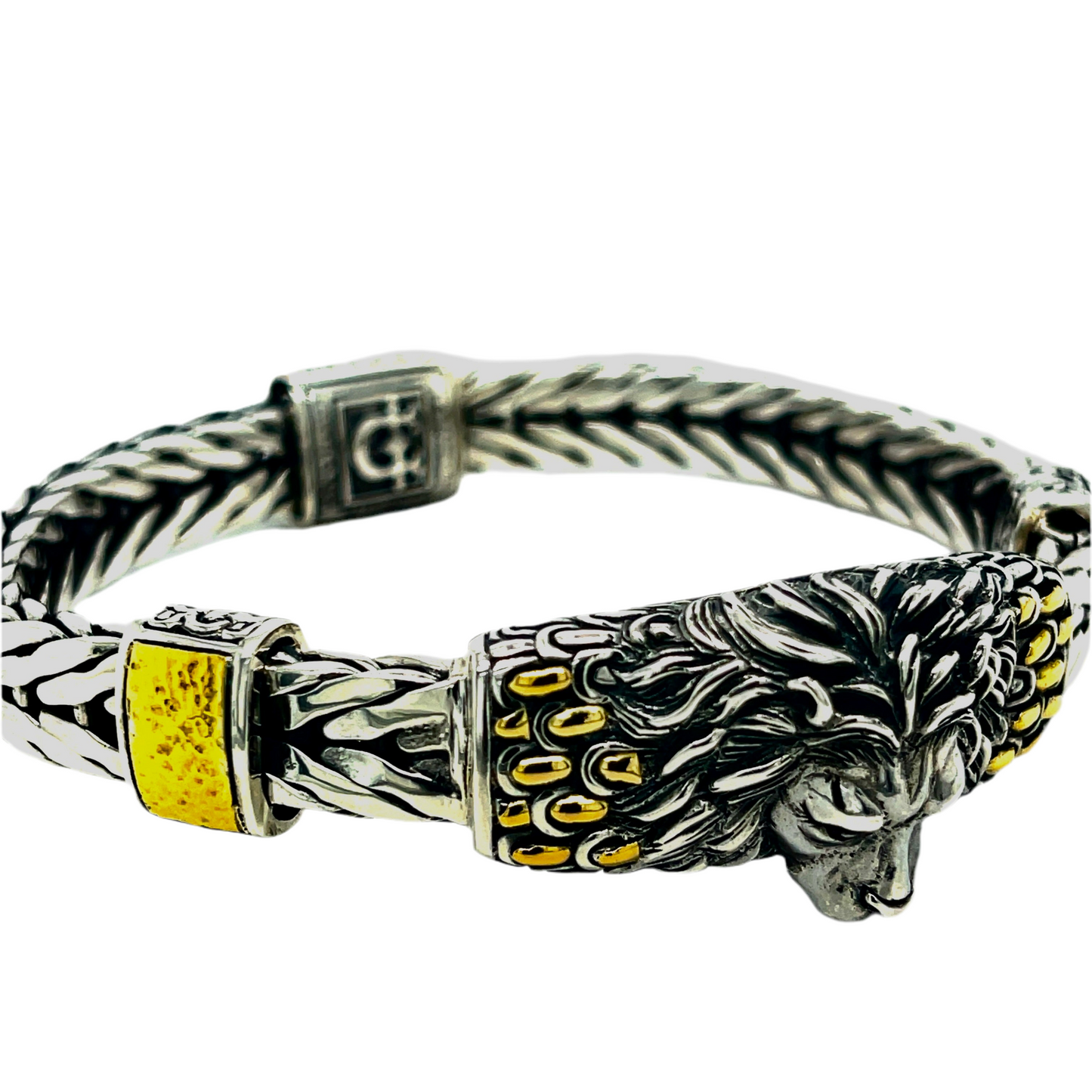 Silver gold woven link Lion bracelet