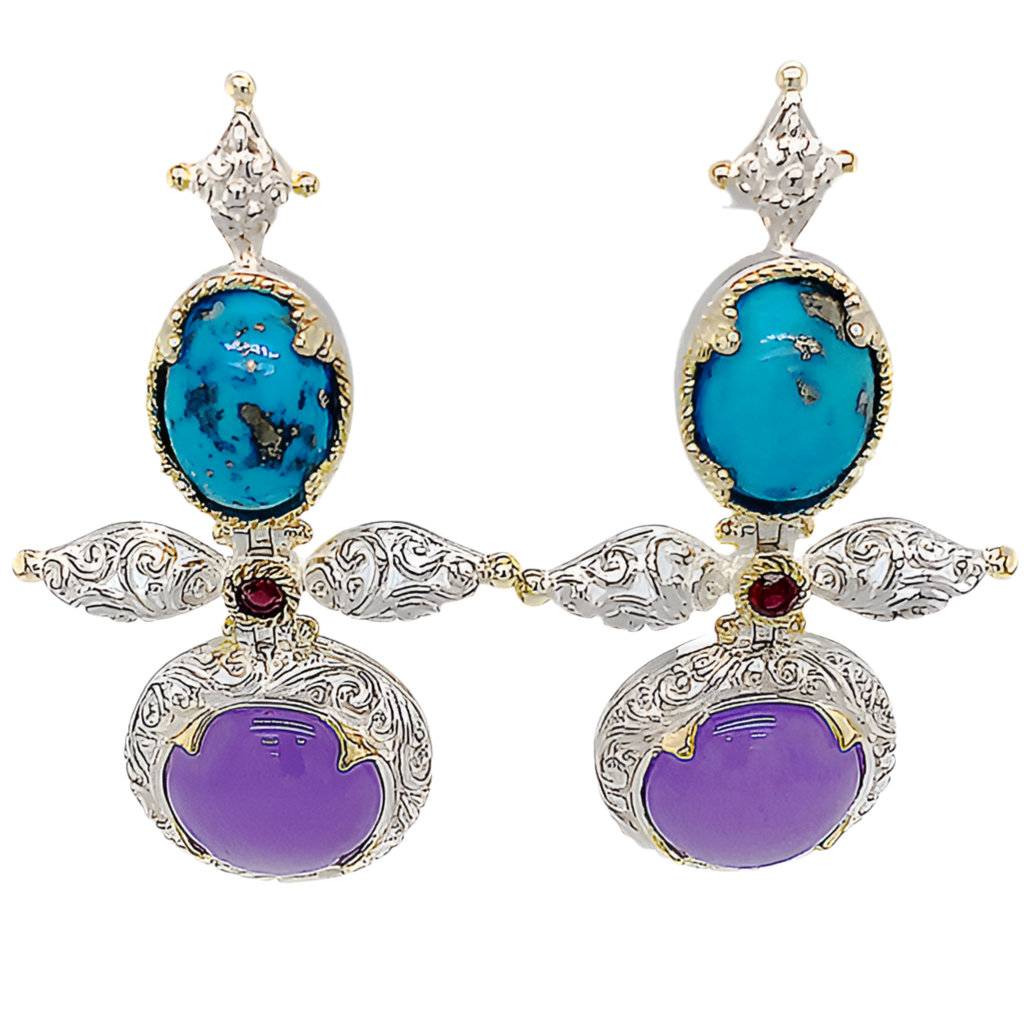 SRD106 Persian Turquoise & Lavender Agate & Garnet Silver Earrings