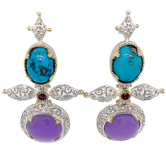 SRD106 Persian Turquoise & Lavender Agate & Garnet Silver Earrings