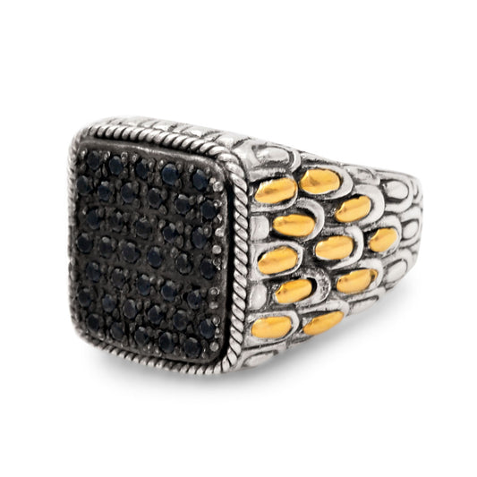 Silver & 18 kt gold ring with black sapphires