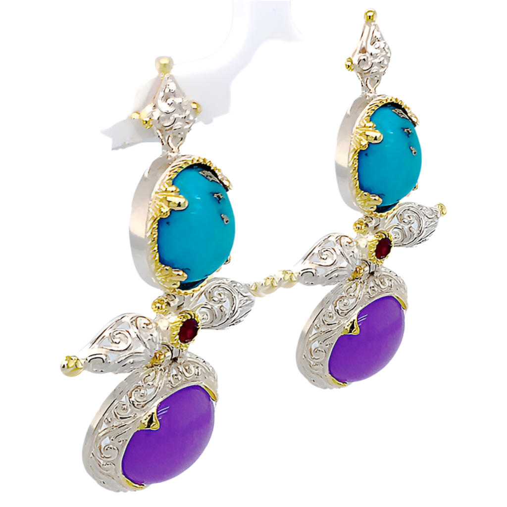 SRD106 Persian Turquoise & Lavender Agate & Garnet Silver Earrings
