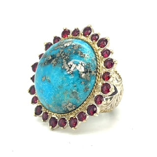 SGD 106 Persian rare Turquoise ring with silver and garnets