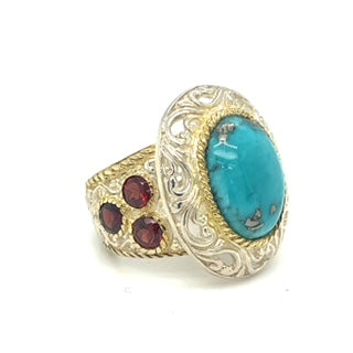SRD 107-Silver ring with garnets and turquoise