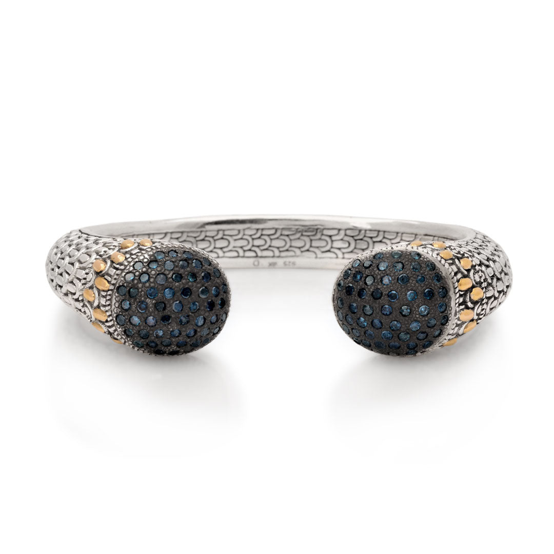 SBG193- BS   Silver bangle bracelet with black sapphires on the ends
