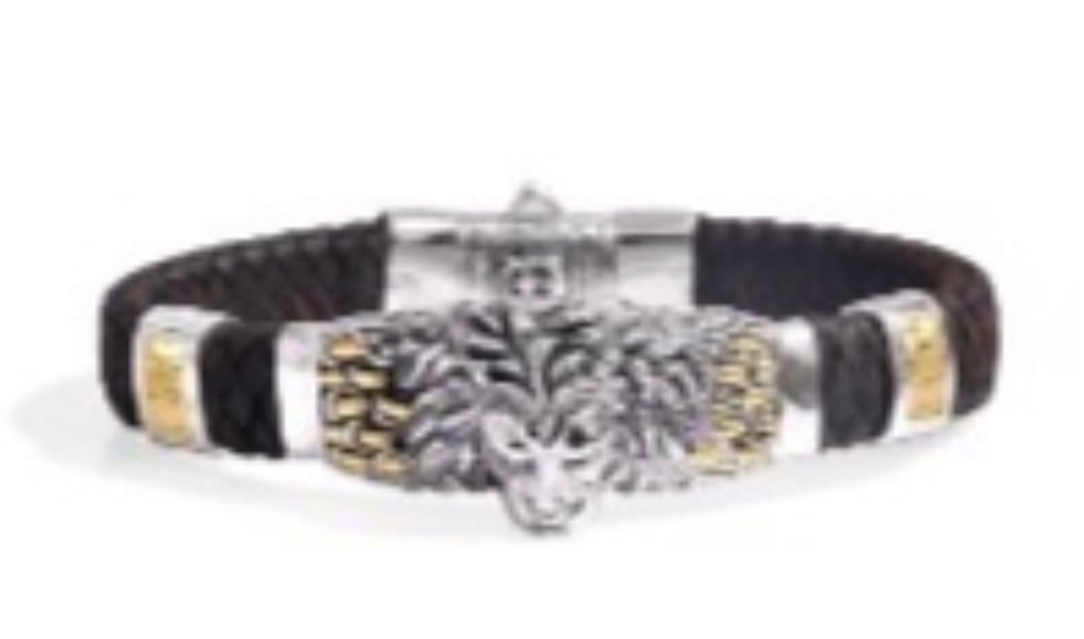 Silver gold black cord lions head bracelet