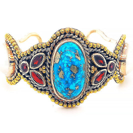 SRD104 Silver& 18 kt gold  Bangled Bracelet with Persian Turquoise & Pearls  & Garnets Silver