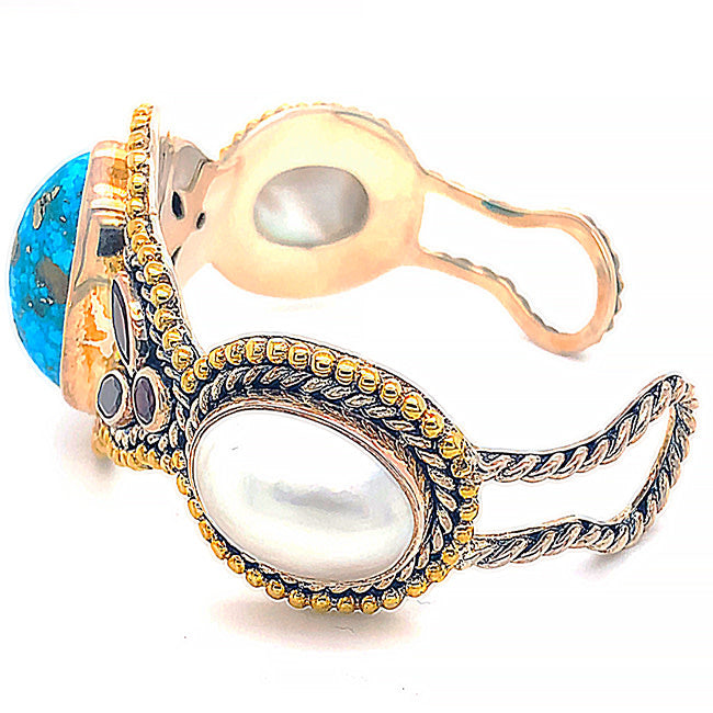 SRD104 Silver& 18 kt gold  Bangled Bracelet with Persian Turquoise & Pearls  & Garnets Silver