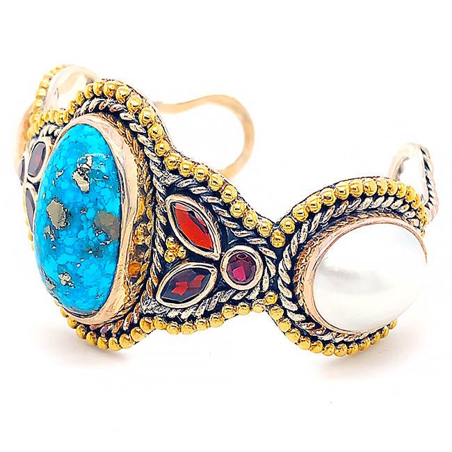 SRD104 Silver& 18 kt gold  Bangled Bracelet with Persian Turquoise & Pearls  & Garnets Silver