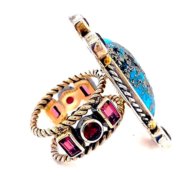 DJZ 102- Rear Persian Turquoise Turmaline large ring large Silver ring with Persian Turquoise & Garnets & Turmaline size 7