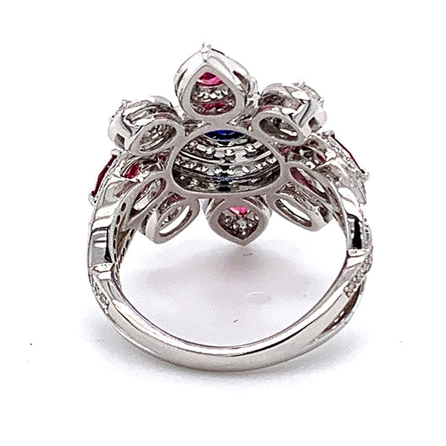 Platinum ring with blue sapphire and pink spinels & diamonds